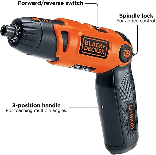 BLACK+DECKER Electric Screwdriver, Cordless, 180 RPM, 3.6V, Spindle Lock with Pivoting Handle, Charger and 2 Hex Shank Bits Included (Li2000)