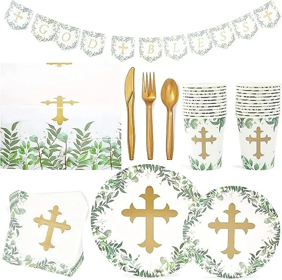 Sparkle and Bash 170-Piece Disposable Dinnerware Set with Plates, Napkins, Cups, Cutlery, Table Cover for Religious Party Decorations (Serves 24)