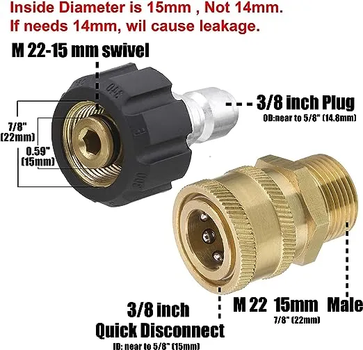 Tool Daily Pressure Washer Adapter Set, Quick Connect Kit, Metric M22 15mm Female to M22 Male Fitting, 5000 PSI