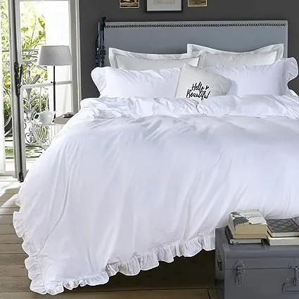 QSH Washed Cotton Ruffled King Duvet Cover Set,Vintage White Shabby Boho Chic Ruffle Farmhouse Bedding Comforter Quilt Cover 3 Pieces Aesthetic French Country Cottage King Bedding