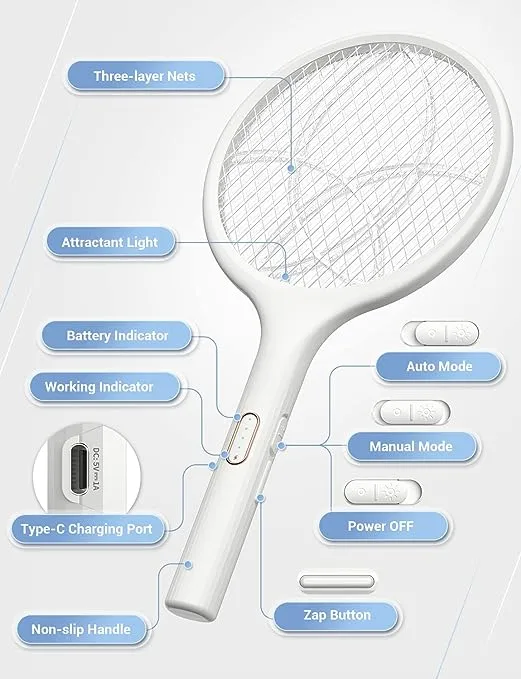 YISSVIC Electric Fly Swatter 4000V Bug Zapper Racket Dual Modes Mosquito Killer with Purple Mosquito Light Rechargeable for Indoor Home Office Backyard Patio Camping
