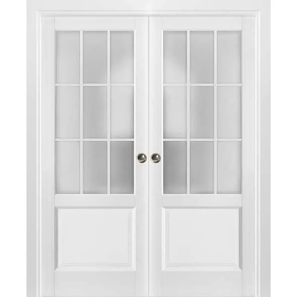 SARTODOORS Sturdy Double Barn Door 64 x 96 inches with Frosted Glass 12 Lites | Felicia 3312 Matte White | Top Mount 13FT Rail Hangers Heavy Set | Solid Panel Interior Doors