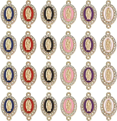 60pcs Mix Color Virgin Mary Link Miraculous Medal Enamel Alloy Rhinestones Our Lady Crucifix Connection for Jewelry Making