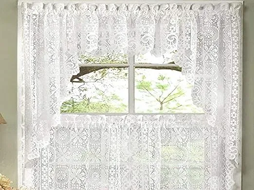 Sweet Home Collection Old World Style Floral Heavy Lace Kitchen Curtain Valance, White