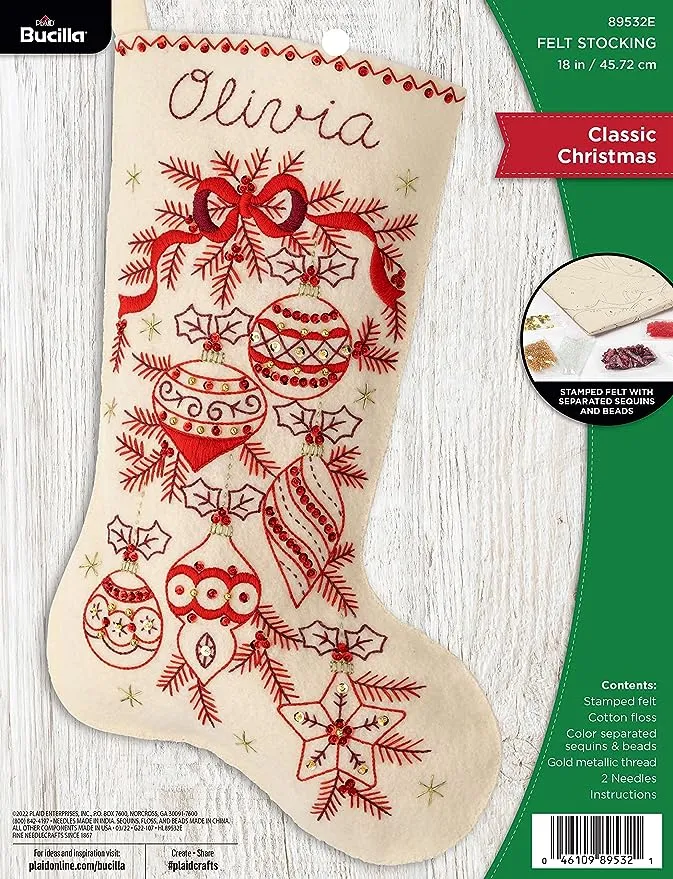 Bucilla Felt Applique 18" Stocking Making Kit, Classic Christmas, Perfect for DIY Arts and Crafts, 89532E