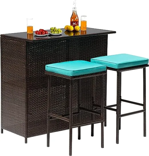 FDW 3PCS Patio Bar Set Outdoor Furniture Set Wicker Bistro Set with Two Stools for Patio Backyard Balcony,Blue Cushion