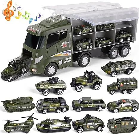 Fun Little Toys 12 in 1 Die-cast Army Toy Truck with Mini Military Vehicles, Army Toy Cars in Carrier Truck with Lights and Sounds, Military Toys for Kids Birthday Xmas Gifts