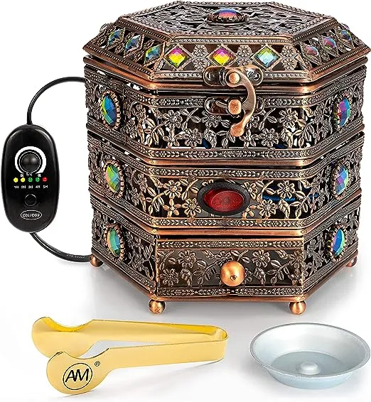 AM Electric Incense Bakhoor Burner - Frankincense Burner | Agarwood | Oud | Powder Incense Kit | quemador de incienso | with Adjustable Timer & Storage Drawer