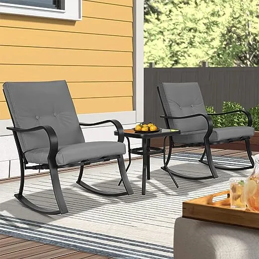 Outdoor 3-Piece Rocking Chairs Patio Bistro Set Black Steel Furniture, Grey