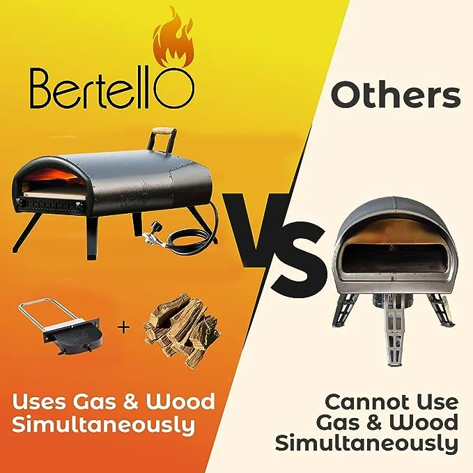 Bertello Grande 16" Gas & Wood Simultaneously - Outdoor Pizza Oven -Patented Portable Pizza Oven -Pizza Maker, Double Wall Insulation -Gas Burner, Wood Tray, Pizza Stone Included