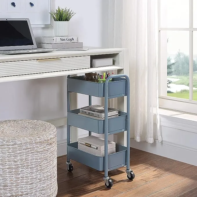 3-Tier Under Desk Mobile Utility Cart with Metal Storage Organizer SunnyPoint Finish: Blue