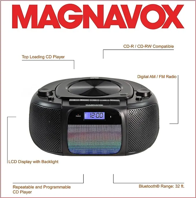 Magnavox MD6972 Portable Top Loading CD Boombox with Digital AM/FM Stereo Radio,