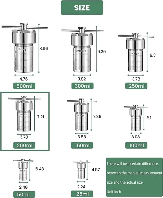 Huanyu 200ml PTFE Lined Hydrothermal Synthesis Autoclave Reactor 200℃ 3Mpa with PTFE Chamber High Pressure Digestion Tank Stainless Steel vessel Kettle for lab corrosion resistance