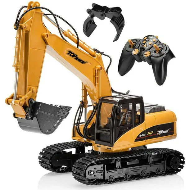 Top Race 15 Channel Full Functional Remote Control Excavator, Remote Control Excavator Toy with 2.4GHz Transmitter and Metal Shovel - 1:14 Scale Battery Powered Construction Tractor for Kids - TR 211