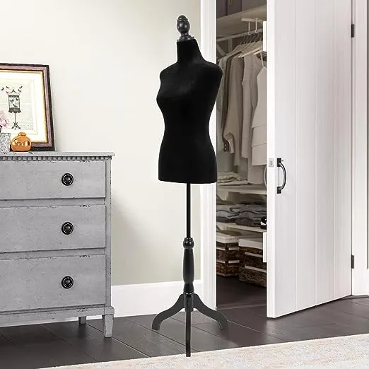 Mannequin Body Dress Form Torso Female Manikin 49.6-63.4 Inch Height Adjustable Wooden Tripod Stand High Density Foam Portable Display Mannequin (Black, 49.6-63.4 Inches)