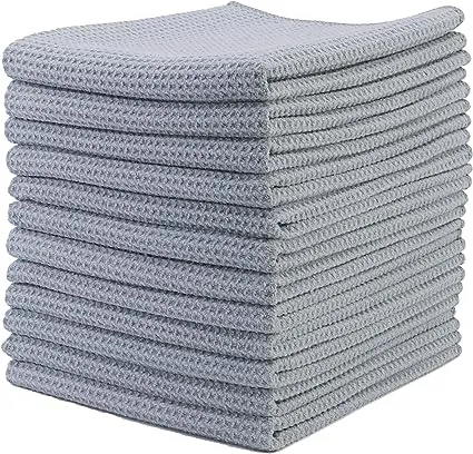 POLYTE Premium Microfiber Kitchen Dish Hand Towel Waffle Weave 12 Pack (16x28 in, Gray)