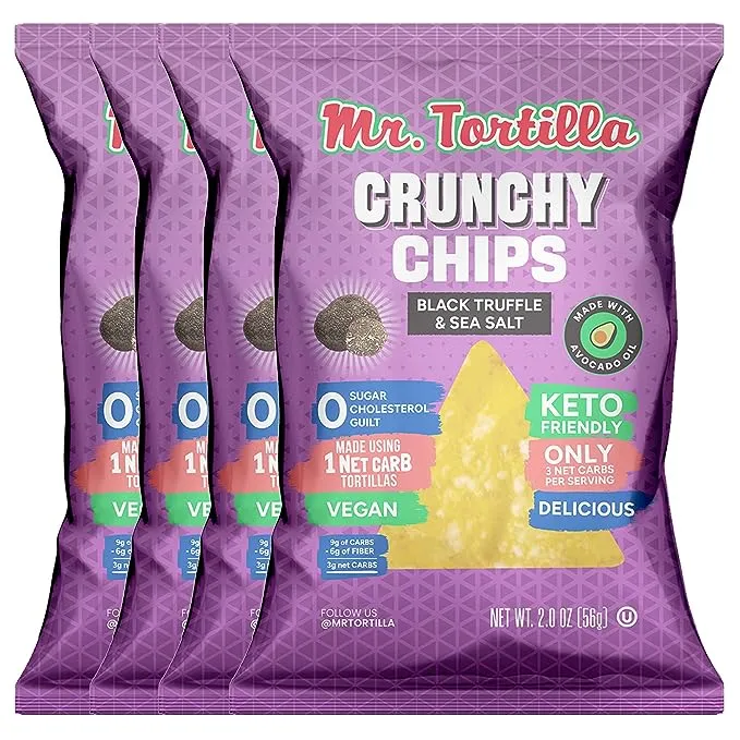 Mr. Tortilla's Crunchy Tortilla Chips - Keto-Friendly Vegan Snack Chips - 3 Net Carbs Per Serving, Crisps Cooked In Avocado Oil - Kosher, Zero Guilt Healthy Chips - 2oz Bags, 4-Pack (Black Truffle & Sea Salt)