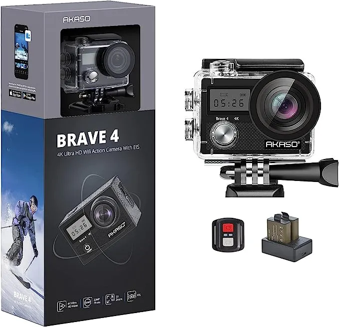 AKASO Brave 4 4K30fps 20MP WiFi Action Ultra Hd with EIS 131ft Waterproof Rem...