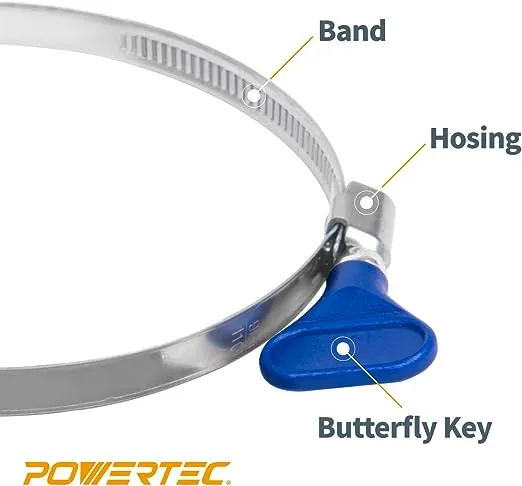 POWERTEC 70249 5 Inch Key Hose Clamp, Thumb Screw Key Adjustable Stainless Steel Hose Clamps for Dust Collection, Dust Collector and Dryer Vent Hose, Pipe Clamp, RV Clamp, Worm Gear Clamp, 5 pack