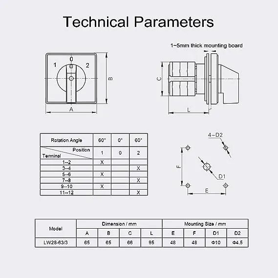 Changeover Switch LW28-63 3 Positions 12 Terminals Universal Rotary Cam Selector Latching Switches 690V 63A