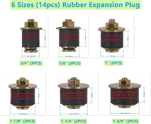 6 Sizes (14pcs) Neoprene Rubber Expansion Plug 3/4" 7/8" 1" 1-1/8" 1-1/4" 1-3/8", Automotive Rubber Freeze Frost Plug Fit Hole Size: 3/4"~1-1/2" (19mm~38mm)