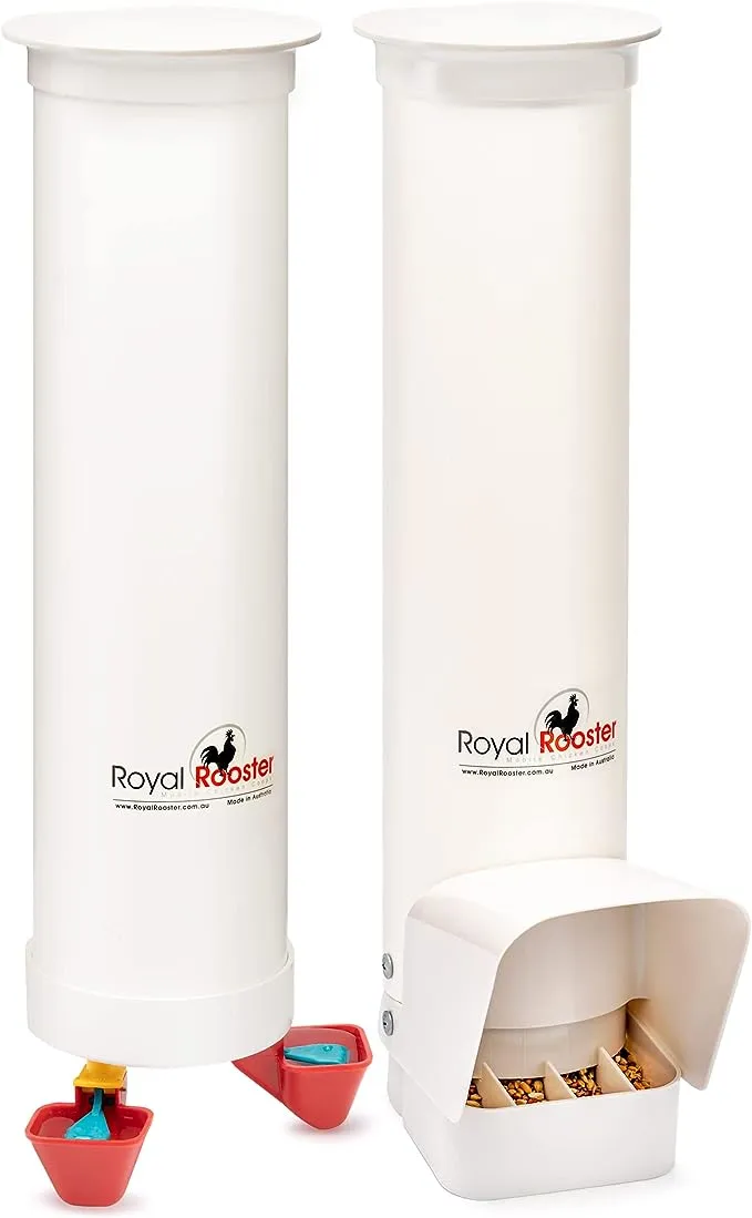 Royal Rooster Chicken Feeder and Chicken Waterer Set - 7 lb Poultry Chicken Feeder with Rain Cover and 1 Gallon Waterer System - Chicken Coop Accessories: Valve-Cup Waterer and Gravity-Feed Feeder Set