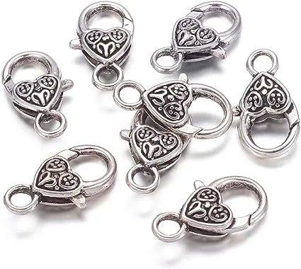 KISSITTY 50-Piece Tibetan Antique Silver Large Heart Lobster Claw Clasps 1x0.55 Inch Jewelry Making Findings