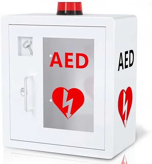 AED Defibrillator Wall Mounted Cabinet, Metal Steel Plate Storage Cabinet with Alarm and Light, fits All Brands Cardiac Science, 14.2'' x 7.9'' x 15.8''