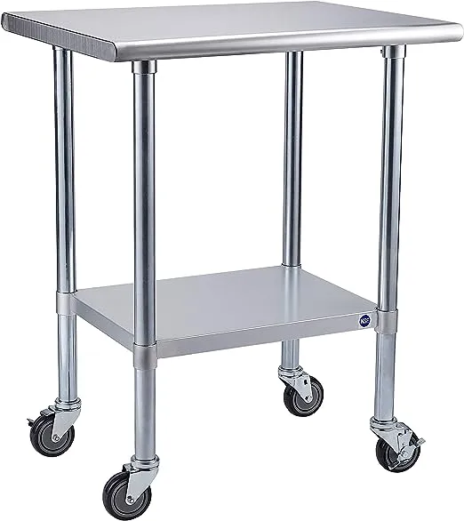 ROCKPOINT Stainless Steel Table for Prep & Work with Caster 36x24 Inches, NSF Metal Commercial Kitchen Table with Adjustable Under Shelf and Table Foot for Restaurant, Home and Hotel (Silver)