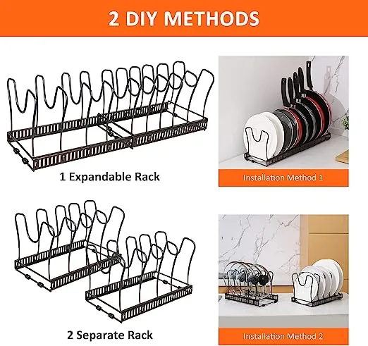 ROOHUA Pot Rack -Expandable Pan Organizer for Cabinet,Pot Lid Holder with 10 Adjustable Compartment for Kitchen Cabinet Cookware Baking Frying Rack,Bronze