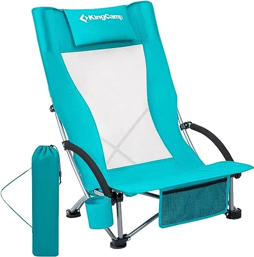 KingCamp Folding Beach Chair for Adults High Back Lightweight Portable Backpack Chair with Cup Holder Pocket Headrest Carry Bag for Outdoor Camping Sand Concert Lawn Festival Sports, Cyan