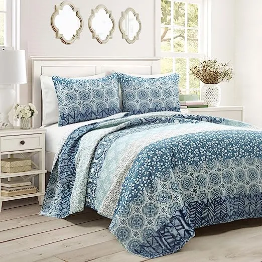 Lush Decor Bohemian Stripe Reversible Cotton Quilt Navy/Blue 3 Piece Set California King - Soft Lightweight Printed Boho Bedding Set for All Season