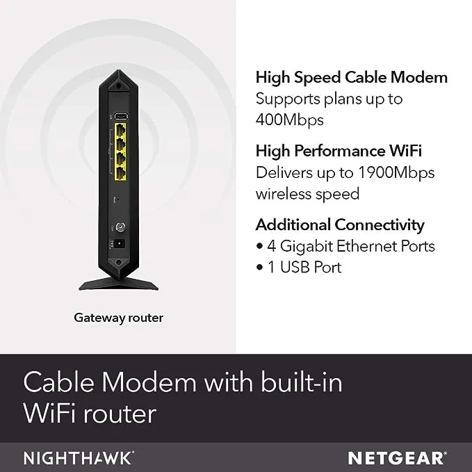 Netgear Nighthawk Cable Modem WiFi Router Combo C7000-Compatibility Cable Providers Including Xfinity by Comcast Spectrum Cox (Renewed)