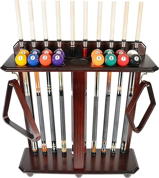 ISZY Billiards Pool Stick Rack - Cue Rack Only - Wood Floor Stand Holds 10 Pool Sticks and a Full Set of Balls - Billiards Accessories - Mahogany