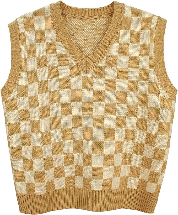 Gulajia Oversized Women Houndstooth Pattern Knit Sweater Vest Sleeveless Loose V-Neck 90s Waistcoat Pullover Knitwear Top