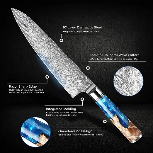 SENKEN 7-Piece Damascus Kitchen Knife Set - Tsunami Collection - 67-Layer Japanese VG10 Steel - Chef's Knife, Cleaver, Santoku, Bread, Boning, & More