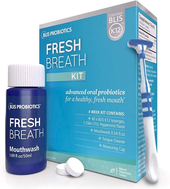 BLIS Fresh Breath Kit with Potent BLIS K12 Oral Probiotics | Clinically Proven Bad Breath and Halitosis Treatment | Contains Mouthwash, Tongue Scraper and Lozenges - 4 Week Supply