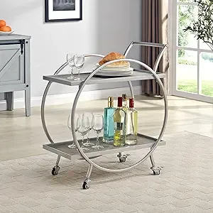 FirsTime & Co. Silver and Gray Odessa Bar Cart, 2 Tier Mobile Mini Bar, Kitchen Serving Cart and Coffee Station with Storage for Liquor, Metal and Wood, Modern, 28 inches