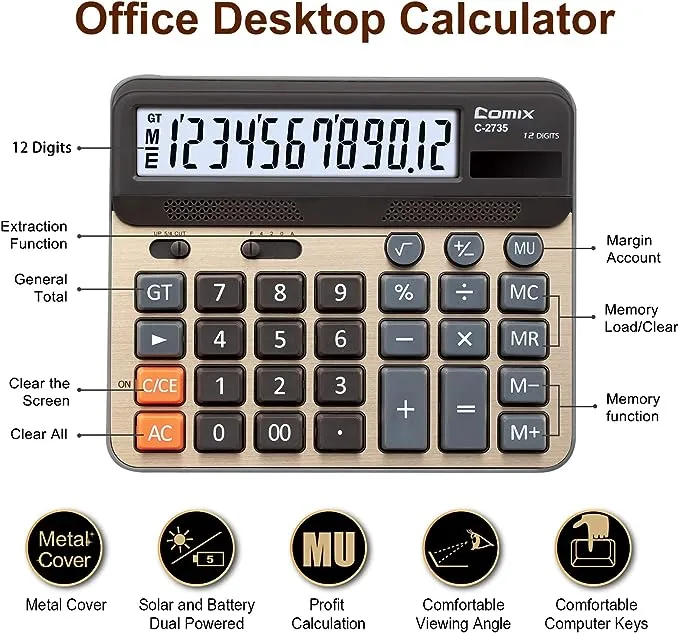 Comix Desktop Calculator, Large Computer Keys, 12 Digits Display, Champaign Gold Color Panel, C-2735