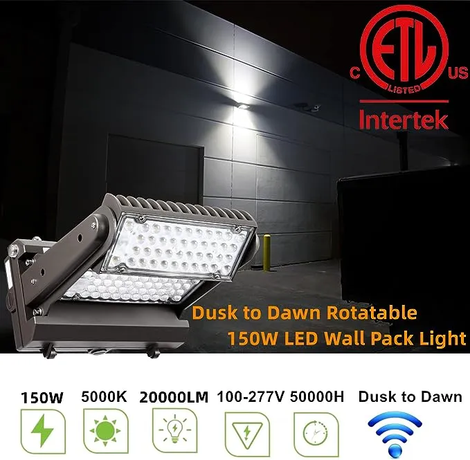 Dusk to Dawn 150W Rotatable LED Wall Pack Light, 5000K 20000LM 800-1000W HPS/HID Equiv, ETL Adjustable Head Outdoor LED Wallpack Lighting Fixture for Area Light, Parking, Garages,Warehouse,Entrance