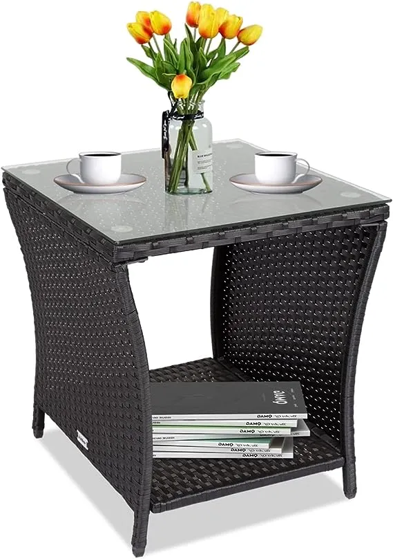 Square Rattan Wicker Glass Top Side Tea Table Patio Furniture Outdoor Black 