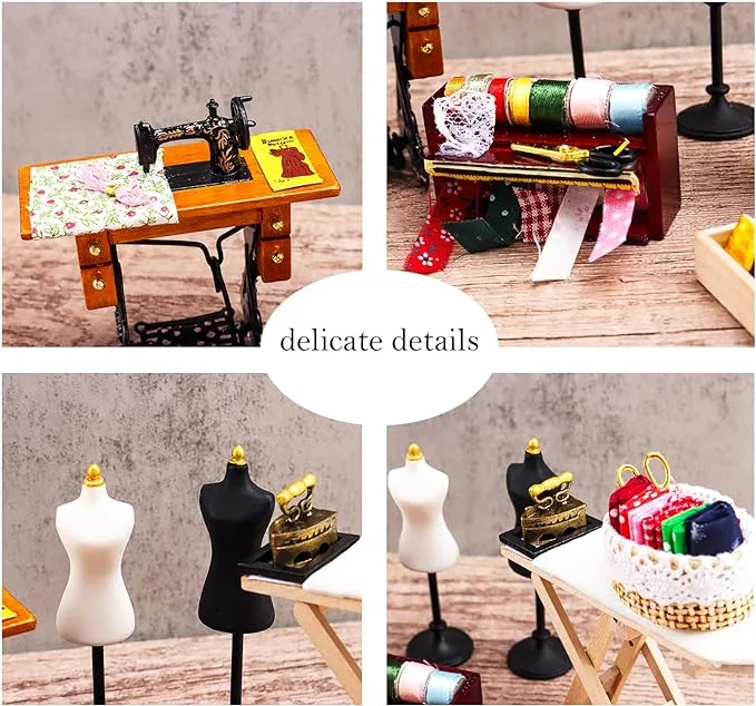 Hiawbon 1 :12 Scale Miniature Sewing House Scene Model Accessories Simulation Vintage Sewing Machine, Sewing Box, Ironing Board