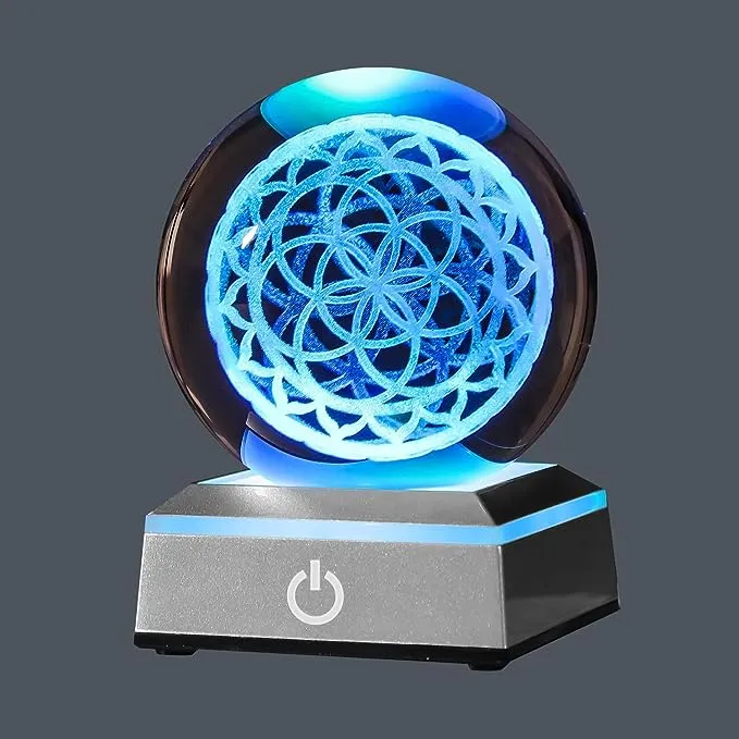 XINTOU 3D The Seed of Life Lotus Crystal Ball with LED Colorful Lighting Touch base,sacred Geometry Grid Spheres Decorative B