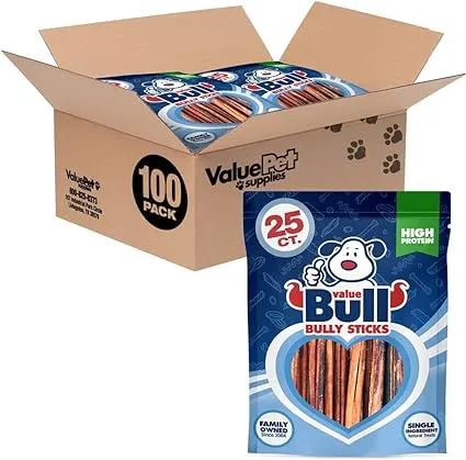 ValueBull Bully Sticks for Small Dogs, Extra Thin 6 inch, 25 Count - All Natural Dog Treats, 100% Beef Pizzle, Single