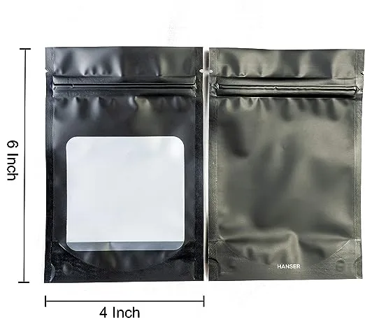 HANSER | Smell Proof Odorless Mylar Resealable Foil Pouch Bags with clear Window | Stand up bottom | Airtight | matte black | 100 Pieces | 3x4 inches