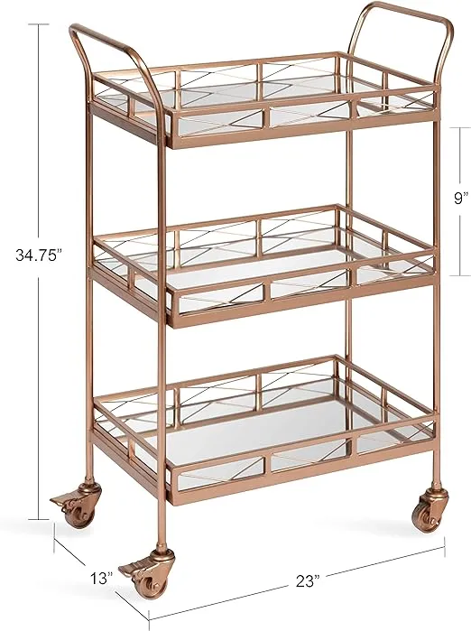 Kate and Laurel Ketia Glam Metal Bar Cart, 23 x 13 x 34, Rose Gold, Glamorous Three Tier Gold Bar Cart for Display and Storage