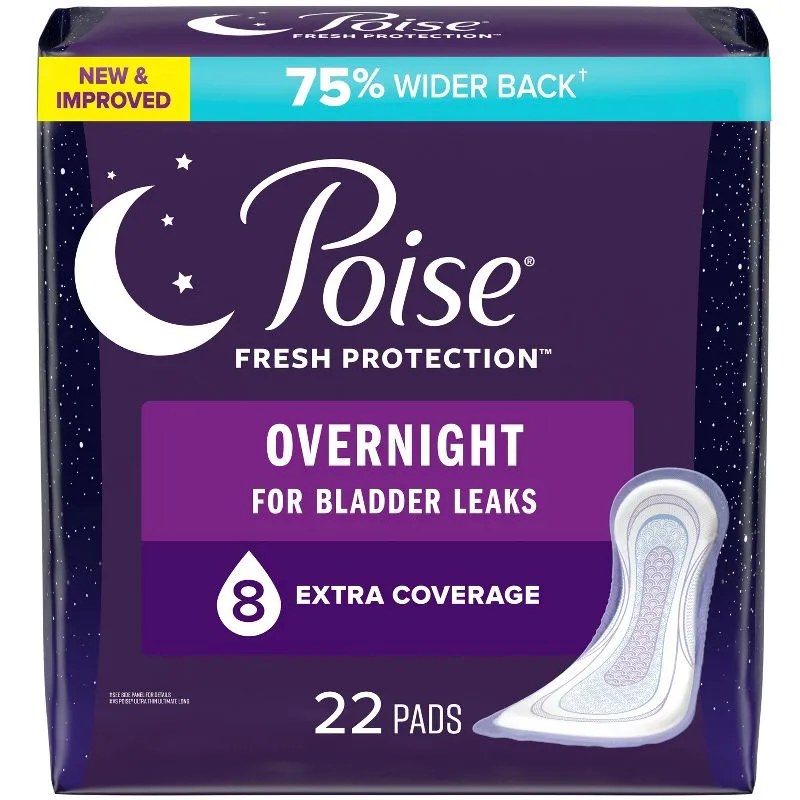 Poise Incontinence Pads & Postpartum Incontinence Pads, 8 Drop Overnight Absorbency, Extra-Coverage Length, 72 Count, Packaging May Vary