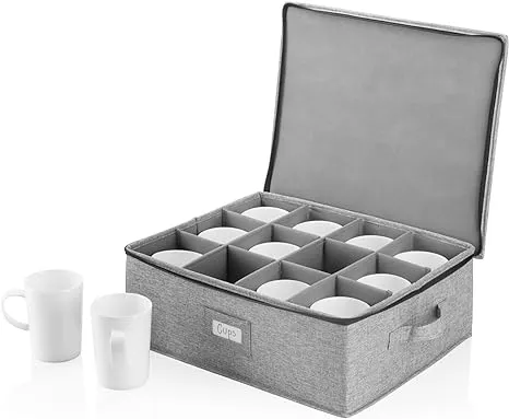 Cup Storage Container - 16" x 13" x 6"H - Holds 12 Coffee Cups - Tea Cups - Mugs - Hard Shell and Stackable - Includes Insert Card for Labeling and Padded Dividers