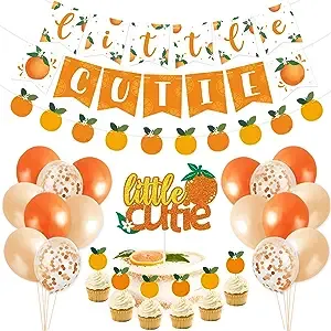 Little Cutie Baby shower Birthday Party Decorations with Little Cutie is on The Way Banner, Orange Cake topper, balloons