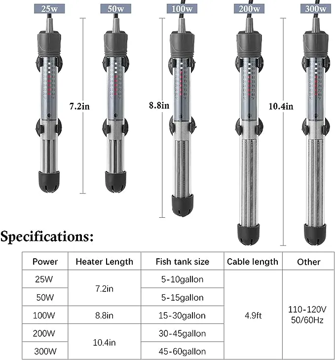 HITOP 25W 50W 100W 200W 300W Adjustable Aquarium Heater, Submersible Fish Tank Heater Thermostat with Suction Cup (50W)